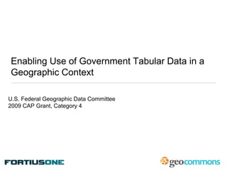 Enabling Use of Government Tabular Data in a Geographic Context U.S. Federal Geographic Data Committee  2009 CAP Grant, Category 4 