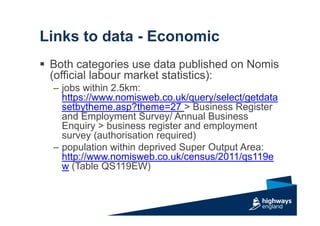 Links to data - Economic
 Both categories use data published on Nomis
(official labour market statistics):
– jobs within 2.5km:
https://www.nomisweb.co.uk/query/select/getdata
setbytheme.asp?theme=27 > Business Register
and Employment Survey/ Annual Business
Enquiry > business register and employment
survey (authorisation required)
– population within deprived Super Output Area:
http://www.nomisweb.co.uk/census/2011/qs119e
w (Table QS119EW)
 
