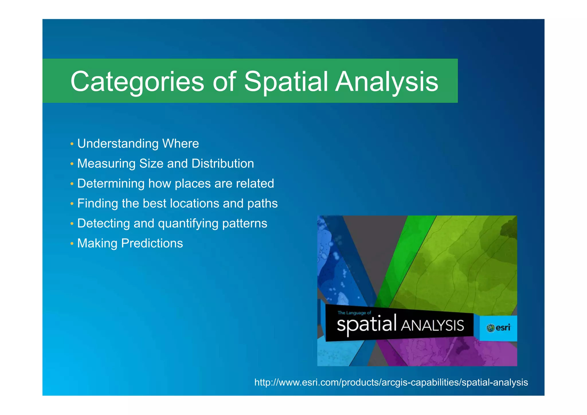 • Understanding Where
• Measuring Size and Distribution
• Determining how places are related
• Finding the best locations and paths
• Detecting and quantifying patterns
• Making Predictions
Categories of Spatial Analysis
http://www.esri.com/products/arcgis-capabilities/spatial-analysis
 