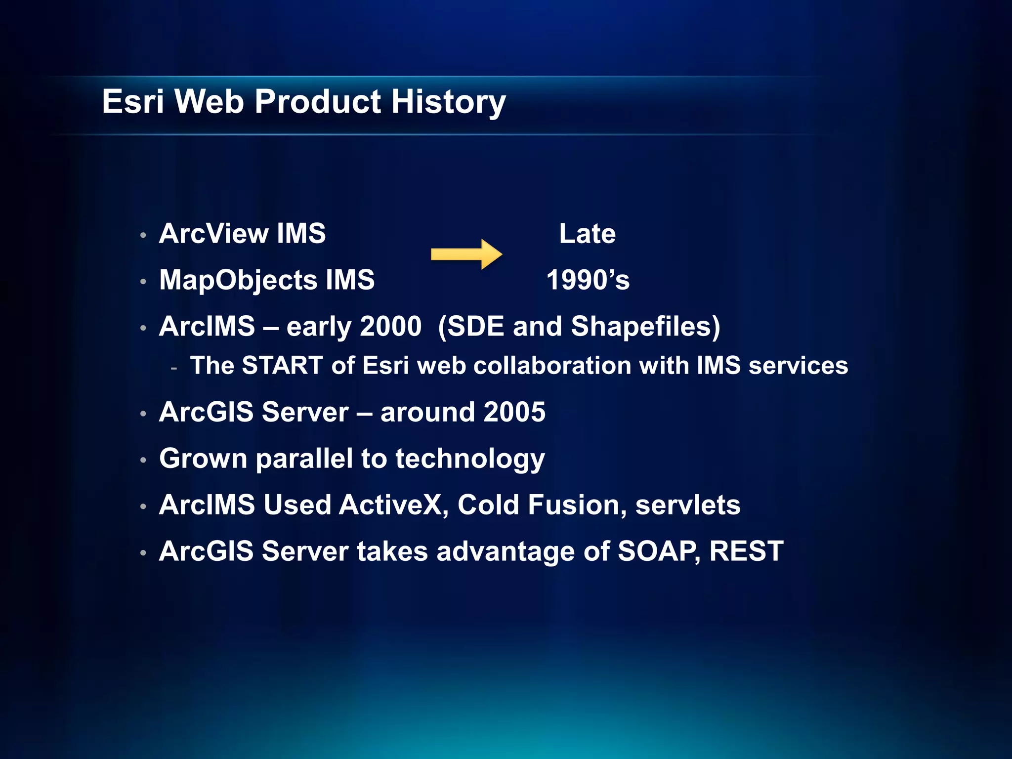 Esri Web Product History


  •   ArcView IMS                      Late
  •   MapObjects IMS                  1990’s
  •   ArcIMS – early 2000 (SDE and Shapefiles)
      -   The START of Esri web collaboration with IMS services
  •   ArcGIS Server – around 2005
  •   Grown parallel to technology
  •   ArcIMS Used ActiveX, Cold Fusion, servlets
  •   ArcGIS Server takes advantage of SOAP, REST
 