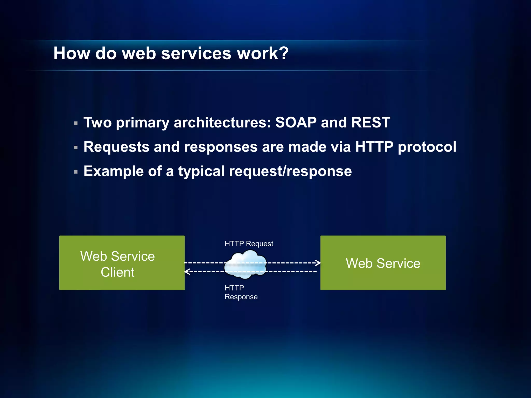 How do web services work?


     Two primary architectures: SOAP and REST
     Requests and responses are made via HTTP protocol
     Example of a typical request/response



                         HTTP Request
      Web Service
                                          Web Service
        Client
                         HTTP
                         Response
 