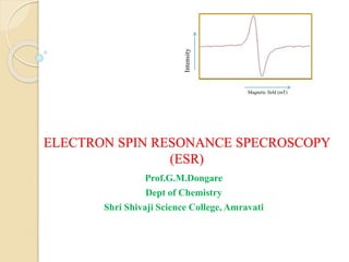 ELECTRON SPIN RESONANCE SPECROSCOPY
(ESR)
Prof.G.M.Dongare
Dept of Chemistry
Shri Shivaji Science College, Amravati
Magnetic field (mT)
Intensity
 