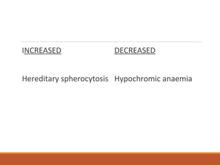 INCREASED
Hereditary spherocytosis
DECREASED
Hypochromic anaemia
 