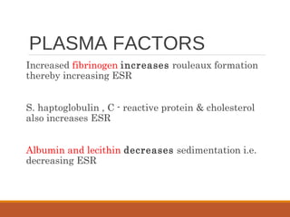 PLASMA FACTORS
Increased fibrinogen increases rouleaux formation
thereby increasing ESR
S. haptoglobulin , C - reactive protein & cholesterol
also increases ESR
Albumin and lecithin decreases sedimentation i.e.
decreasing ESR
 