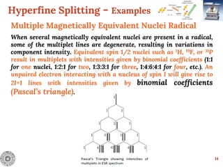 Hyperfine Splitting - Examples
14
Multiple Magnetically Equivalent Nuclei Radical
When several magnetically equivalent nuclei are present in a radical,
some of the multiplet lines are degenerate, resulting in variations in
component intensity. Equivalent spin 1/2 nuclei such as 1H, 19F, or 31P
result in multiplets with intensities given by binomial coefficients (1:1
for one nuclei, 1:2:1 for two, 1:3:3:1 for three, 1:4:6:4:1 for four, etc.). An
unpaired electron interacting with a nucleus of spin I will give rise to
2I+1 lines with intensities given by binomial coefficients
(Pascal’s triangle).
.
 