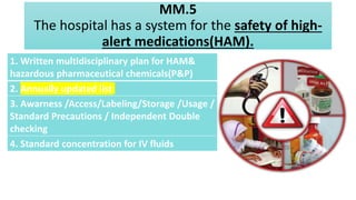 MM.5
The hospital has a system for the safety of high-
alert medications(HAM).
1. Written multidisciplinary plan for HAM&
hazardous pharmaceutical chemicals(P&P)
2. Annually updated list
3. Awarness /Access/Labeling/Storage /Usage /
Standard Precautions / Independent Double
checking
4. Standard concentration for IV fluids
 