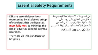 Essential Safety Requirements
• ESR are essential practices-
represented by a selected group
of standards that the hospitals
must fully met, to minimize the
risk of adverse/ sentinal events&
near miss.
• There are 20 ESR standards for
hospitals.
‫األساسية‬ ‫الممارسات‬ ‫هي‬
-
‫بمجموعة‬ ‫ممثلة‬
‫علي‬ ‫يجب‬ ‫التي‬ ‫المعايير‬ ‫من‬ ‫مختارة‬
‫تماما‬ ‫بها‬ ‫االلتزام‬ ‫المستشفيات‬
,
‫م‬ ‫للحد‬
‫ن‬
‫المخاطر‬

‫الحدوث‬ ‫وشيكة‬ ‫الجسيمة‬ ‫األحداث‬
.
‫هناك‬
20
‫معيار‬
ESR
‫للمستشفيات‬
 