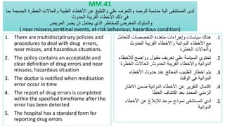 MM.41
‫الجسيمة‬ ‫الخطرة‬ ‫والحاالت‬ ‫الطبية‬ ‫األخطاء‬ ‫عن‬ ‫والتبليغ‬ ‫علي‬ ‫والتعرف‬ ‫للرصد‬ ‫مناسبة‬ ‫الية‬ ‫المستشفى‬ ‫لدى‬
‫بما‬
‫الحدوث‬ ‫القريبة‬ ‫األخطاء‬ ‫ذلك‬ ‫في‬
‫المريض‬ ‫يضر‬ ‫ان‬ ‫يحتمل‬ ‫الذي‬ ‫للمخاطر‬ ‫المعرض‬ ‫والسلوك‬
( near missess,senttinal events, at-risk behaviour, hazardous condition)
1. There are multidisciplinary policies and
procedures to deal with drug errors,
near misses, and hazardous situations.
2. The policy contains an acceptable and
clear definition of drug errors and near
missess, hazardous situation
3. The doctor is notified when medication
error occur in time
4. The report of drug errors is completed
within the specified timeframe after the
error has been detected
5. The hospital has a standard form for
reporting drug errors
.1
‫للتع‬ ‫التخصصات‬ ‫متعددة‬ ‫وإجراءات‬ ‫سياسات‬ ‫هناك‬
‫امل‬
‫الحدوث‬ ‫القريبة‬ ‫واالخطاء‬ ‫الدوائية‬ ‫األخطاء‬ ‫مع‬
‫الخطرة‬ ‫والحاالت‬
.2
‫لأل‬ ‫وواضح‬ ‫مقبول‬ ‫تعريف‬ ‫علي‬ ‫السياسة‬ ‫تحتوي‬
‫خطاء‬
‫الحدوث‬ ‫القريبة‬ ‫واألخطاء‬ ‫الدوائية‬
,
‫الخطر‬ ‫الحاالت‬
‫ة‬
.3
‫األخطاء‬ ‫حدوث‬ ‫عند‬ ‫المعالج‬ ‫الطبيب‬ ‫اخطار‬ ‫يتم‬
‫الوقت‬ ‫في‬ ‫الدوائية‬
.4
‫االطار‬ ‫ضمن‬ ‫الدوائية‬ ‫األخطاء‬ ‫عن‬ ‫التقرير‬ ‫اكتمال‬
‫الخطأ‬ ‫اكتشاف‬ ‫بعد‬ ‫المحدد‬ ‫الزمني‬
.5
‫األخطاء‬ ‫عن‬ ‫لإلبالغ‬ ‫موحد‬ ‫نموذج‬ ‫المستشفى‬ ‫لدي‬
‫الدوائية‬
 