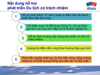 Nội dung hỗ trợ
phát triển Du lịch có trách nhiệm
Hỗ trợ hình thành Tổ chức Quản lý điểm đến đa thành
phần theo đặc thù vùng
Cải thiện quan hệ đối thoại Công-Tư với sự tham
gia tích cực của các Hiệp hội & Doanh nghiệp DL
Hỗ trợ định hướng xây dựng sản phẩm du lịch có
trách nhiệm
Quảng bá điểm đến vùng theo hướng hiệu quả hơn
Phát triển nguồn nhân lực du lịch bền vững, tăng cường
năng lực và chất lượng thông qua đào tạo và tập huấn.
1
2
3
4
5
 