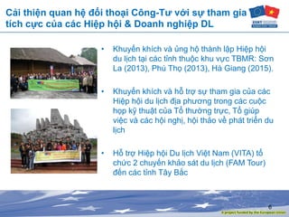 6
Cải thiện quan hệ đối thoại Công-Tư với sự tham gia
tích cực của các Hiệp hội & Doanh nghiệp DL
• Khuyến khích và ủng hộ thành lập Hiệp hội
du lịch tại các tỉnh thuộc khu vực TBMR: Sơn
La (2013), Phú Thọ (2013), Hà Giang (2015).
• Khuyến khích và hỗ trợ sự tham gia của các
Hiệp hội du lịch địa phương trong các cuộc
họp kỹ thuật của Tổ thường trực, Tổ giúp
việc và các hội nghị, hội thảo về phát triển du
lịch
• Hỗ trợ Hiệp hội Du lịch Việt Nam (VITA) tổ
chức 2 chuyến khảo sát du lịch (FAM Tour)
đến các tỉnh Tây Bắc
 