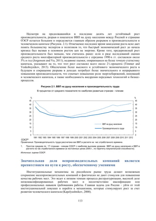 Несмотря на продолжавшийся в последние десять лет устойчивый рост
производительности, разрыв в показателе ВВП на душу населения между Россией и странами
ОЭСР остается большим и определяется главным образом разрывом в производительности и
человеческом капитале (Рисунок. 2.1). Отмечаемое последнее время замедление роста ясно дает
понять большинству экспертов и политиков то, что быстрый экономический рост до начала
кризиса был вызван в основном ростом цен на энергию. Кроме того, предкризисный рост
производительности был меньше, чем считалось ранее: если в ряде исследований оценки
среднего роста многофакторной производительности с середины 1990-х гг. составляли около
5% в год (Jorgenson and Vu, 2011), недавние оценки, опирающиеся на более точную статистику
капитала, указывают на то, что этот рост составлял всего около 2¼ процента (Timmer and
Voskoboynikov, 2013). Обеспечение более высокого и устойчивого экономического роста в
будущем и сокращение разрыва в доходах потребует более значительного и непрерывного
повышения производительности, что означает повышение роли энергосбережений, инноваций
и человеческого капитала, а также необходимость внедрения передовых технологий и бизнеспроцессов.
Рисунок 2.1. ВВП на душу населения и производительность труда
В процентах от среднего показателя по наиболее развитым странам - членам
%
45

%
45

40

40

35

35

30

30

25

25

20

20

15

15

ВВП на душу населения

10

10

Производительность труда

5

5

0

ОЭСР¹

0
1991 1992 1993 1994 1995 1996 1997 1998 1999 2000 2001 2002 2003 2004 2005 2006 2007 2008 2009 2010 2011 2012

Примечание: Производительность труда рассчитана как ВВП в расчете на час отработанного времени.
1.

Простое среднее по 17 странам - членам ОЭСР с наиболее высоким уровнем ВВП на душу населения и ВВП в
расчете на час отработанного времени (в постоянных ценах 2005 г., по паритету покупательной способности).

Источник: оценки ОЭСР.

Значительная доля непроизводительных компаний
препятствием на пути к росту, обеспеченному умениями

является

Институциональные механизмы на российском рынке труда делают возможным
сохранение малопроизводительных компаний и фактически не дают стимулов для повышения
качества рабочих мест. Это ведет к низким темпам процесса реструктуризации, высокой доле
низкоквалифицированных
рабочих
мест
и
несоответствию
квалификации
или
профессиональных навыков требованиям работы. Главная задача для России – уйти от этой
институциональной ловушки и перейти к механизмам, которые стимулируют рост за счет
развития человеческого капитала (Kapelyushnikov, 2000).
113

 