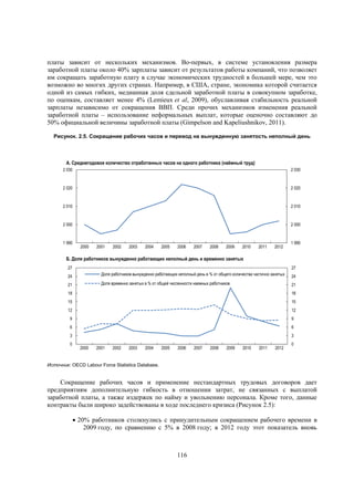 платы зависит от нескольких механизмов. Во-первых, в системе установления размера
заработной платы около 40% зарплаты зависит от результатов работы компаний, что позволяет
им сокращать заработную плату в случае экономических трудностей в большей мере, чем это
возможно во многих других странах. Например, в США, стране, экономика которой считается
одной из самых гибких, медианная доля сдельной заработной платы в совокупном заработке,
по оценкам, составляет менее 4% (Lemieux et al, 2009), обуславливая стабильность реальной
зарплаты независимо от сокращения ВВП. Среди прочих механизмов изменения реальной
заработной платы – использование неформальных выплат, которые оценочно составляют до
50% официальной величины заработной платы (Gimpelson and Kapeliushnikov, 2011).
Рисунок. 2.5. Сокращение рабочих часов и перевод на вынужденную занятость неполный день

А. Среднегодовое количество отработанных часов на одного работника (наёмный труд)
2 030

2 030

2 020

2 020

2 010

2 010

2 000

2 000

1 990

2000

2001

2002

2003

2004

2005

2006

2007

2008

2009

2010

2011

2012

1 990

Б. Доля работников вынужденно работающих неполный день и временно занятых
27

27

24

Доля работников вынужденно работающих неполный день в % от общего количества частично занятых

24

21

Доля временно занятых в % от общей численности наемных работников

21

18

18

15

15

12

12

9

9

6

6

3

3

0

2000

2001

2002

2003

2004

2005

2006

2007

2008

2009

2010

2011

2012

0

Источник: OECD Labour Force Statistics Database.

Сокращение рабочих часов и применение нестандартных трудовых договоров дает
предприятиям дополнительную гибкость в отношении затрат, не связанных с выплатой
заработной платы, а также издержек по найму и увольнению персонала. Кроме того, данные
контракты были широко задействованы в ходе последнего кризиса (Рисунок 2.5):
 20% работников столкнулись с принудительным сокращением рабочего времени в
2009 году, по сравнению с 5% в 2008 году; в 2012 году этот показатель вновь

116

 
