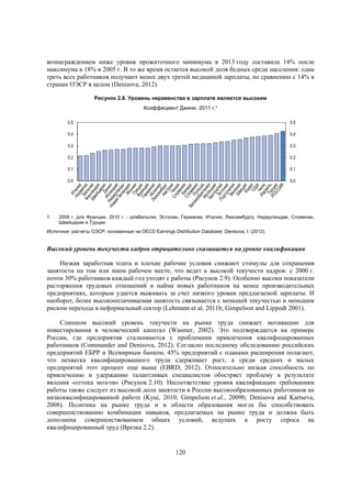 вознаграждением ниже уровня прожиточного минимума в 2013 году составила 14% после
максимума в 18% в 2005 г. В то же время остается высокой доля бедных среди населения: одна
треть всех работников получают менее двух третей медианной зарплаты, по сравнению с 14% в
странах ОЭСР в целом (Denisova, 2012).
Рисунок 2.8. Уровень неравенства в зарплате является высоким
Коэффициент Джини, 2011 г.¹
0.5
0.4

0.4

0.3

0.3

0.2

0.2

0.1

0.1

0.0

1.

0.5

0.0

2009 г. для Франции, 2010 г. - дляБельгии, Эстонии, Германии, Италии, Люксембургу, Нидерландам, Словении,
Швейцарии и Турции.

Источник: расчеты ОЭСР, основанные на OECD Earnings Distribution Database; Denisova, I. (2012).

Высокий уровень текучести кадров отрицательно сказывается на уровне квалификации
Низкая заработная плата и плохие рабочие условия снижают стимулы для сохранения
занятости на том или ином рабочем месте, что ведет к высокой текучести кадров: с 2000 г.
почти 30% работников каждый год уходят с работы (Рисунок 2.9). Особенно высоки показатели
расторжения трудовых отношений и найма новых работников на менее производительных
предприятиях, которым удается выживать за счет низкого уровня предлагаемой зарплаты. И
наоборот, более высокооплачиваемая занятость связывается с меньшей текучестью и меньшим
риском перехода в неформальный сектор (Lehmann et al, 2011b; Gimpelson and Lippodt 2001).
Слишком высокий уровень текучести на рынке труда снижает мотивацию для
инвестирования в человеческий капитал (Wasmer, 2002). Это подтверждается на примере
России, где предприятия сталкиваются с проблемами привлечения квалифицированных
работников (Commander and Denisova, 2012). Согласно последнему обследованию российских
предприятий ЕБРР и Всемирным банком, 45% предприятий с планами расширения полагают,
что нехватка квалифицированного труда сдерживает рост, а среди средних и малых
предприятий этот процент еще выше (EBRD, 2012). Относительно низкая способность по
привлечению и удержанию талантливых специалистов обостряет проблему в результате
явления «оттока мозгов» (Рисунок 2.10). Несоответствие уровня квалификации требованиям
работы также следует из высокой доли занятости в России высокообразованных работников на
низкоквалифицированной работе (Kyui, 2010; Gimpelson et al., 2009b; Denisova and Kartseva,
2008). Политика на рынке труда и в области образования могла бы способствовать
совершенствованию комбинации навыков, предлагаемых на рынке труда и должна быть
дополнена совершенствованием общих условий, ведущих к росту спроса на
квалифицированный труд (Врезка 2.2).

120

 