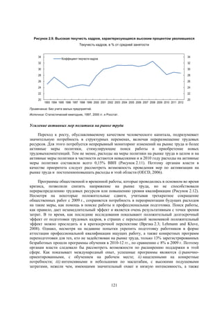Рисунок 2.9. Высокая текучесть кадров, характеризующаяся высоким процентом уволившихся
Текучесть кадров, в % от средней занятости

34

34

Коэффициент текучести кадров

32

32

30

30

28

28

26

26

24

24

22

22

20

1993 1994 1995 1996 1997 1998 1999 2000 2001 2002 2003 2004 2005 2006 2007 2008 2009 2010 2011 2012

20

Примечание: Без учета малых предприятий.
Источник: Статистический ежегодник, 1997, 2000 гг. и Росстат.

Усиление активных мер политики на рынке труда
Переход к росту, обуславливаемому качеством человеческого капитала, подразумевает
значительную потребность в структурных переменах, включая переразмещение трудовых
ресурсов. Для этого потребуется непрерывный мониторинг изменений на рынке труда и более
активные меры политики, стимулирующие поиск работы и приобретение новых
трудовыхкомпетенций. Тем не менее, расходы на меры политики на рынке труда в целом и на
активные меры политики в частности остаются невысокими и в 2010 году расходы на активные
меры политики составляли всего 0,15% ВВП (Рисунок 2.11). Поэтому органам власти в
качестве приоритета следует рассмотреть возможность проведения мер по активизации на
рынке труда и постепенноповышать расходы в этой области (OECD, 2006).
Программы общественной и временной работы, которые проводились в основном во время
кризиса, позволили снизить напряжение на рынке труда, но не способствовали
перераспределению трудовых ресурсов или повышению уровня квалификации (Рисунок 2.12).
Несмотря на некоторые положительные сдвиги, учитывая трехкратное сокращение
общественных работ с 2009 г., сохраняется потребность в переориентации будущих расходов
на такие меры, как помощь в поиске работы и профессиональная подготовка. Поиск работы,
как правило, дает незамедлительный эффект и является очень результативным с точки зрения
затрат. В то время, как последние исследования показывают положительный долгосрочный
эффект от подготовки трудовых кадров, в странах с переходной экономикой положительный
эффект можно проследить и в краткосрочной перспективе (Врезка 2.3; Lehmann and Kluve,
2008). Однако, несмотря на недавние попытки укрепить подготовку работников в форме
аттестации профессиональной квалификации ищущих работу, а также конкретных программ
переподготовки для тех, кто не задействован на рынке труда, только 13% зарегистрированных
безработных прошли программы обучения в 2010-12 гг., по сравнению с 8% в 2009 г. Поэтому
органам власти следовало бы рассмотреть возможности по расширению поддержки в этой
сфере. Как показывает международный опыт, успешные программы являются i) рыночноориентированными, с обучением на рабочем месте; ii) нацеленными на конкретные
потребности; iii) интенсивными и небольшими по масштабам, с высокими подушевыми
затратами, нежели чем, имеющими значительный охват и низкую интенсивность, а также

121

 