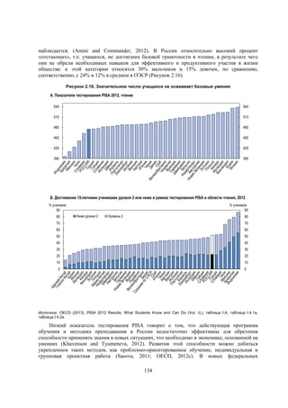 наблюдается. (Amini and Commander, 2012). В России относительно высокий процент
«отстающих», т.е. учащихся, не достигших базовой грамотности в чтении, в результате чего
они не обрели необходимых навыков для эффективного и продуктивного участия в жизни
общества: к этой категории относятся 30% мальчиков и 15% девочек, по сравнению,
соответственно, с 24% и 12% в среднем в ОЭСР (Рисунок 2.16).
Рисунок 2.16. Значительное число учащихся не осваивает базовые умения

А. Показатели тестирования PISA 2012, чтение
540

540

510

510

480

480

450

450

420

420

390

390

Б. Достижение 15-летними учениками уровня 2 или ниже в рамках тестирования PISA в области чтения, 2012
% учеников
90
80

% учеников
90
Ниже уровня 2

Уровень 2

80

70

70

60

60

50

50

40

40

30

30

20

20

10

10

0

0

Источник: OECD (2013), PISA 2012 Results: What Students Know and Can Do (Vol. I),), таблица I.A, таблица I.4.1a,
таблица I.4.2a

Низкий показатель тестирования PISA говорит о том, что действующая программа
обучения и методика преподавания в России недостаточно эффективны для обретения
способности применять знания в новых ситуациях, что необходимо в экономике, основанной на
умениях (Khavenson and Tyumeneva, 2012). Развития этой способности можно добиться
укреплением таких методов, как проблемно-ориентированное обучение, индивидуальная и
групповая проектная работа (Sasova, 2011; OECD, 2012c). В новых федеральных
134

 