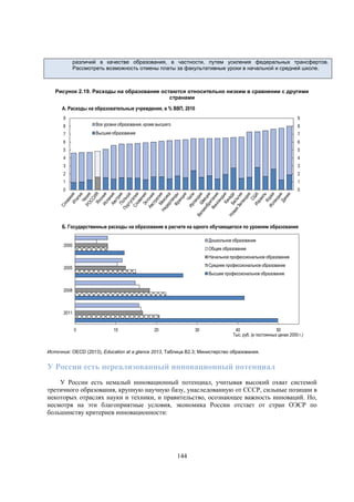 различий в качестве образования, в частности, путем усиления федеральных трансфертов.
Рассмотреть возможность отмены платы за факультативные уроки в начальной и средней школе.

Рисунок 2.19. Расходы на образование остаются относительно низким в сравнении с другими
странами

А. Расходы на образовательные учреждения, в % ВВП, 2010
9

9

8

Все уровни образования, кроме высшего

8

7

Высшее образование

7

6

6

5

5

4

4

3

3

2

2

1

1

0

0

Б. Государственные расходы на образование в расчете на одного обучающегося по уровням образования
Дошкольное образование

2000

Общее образование
Начальное профессиональное образование
Среднее профессиональное образование

2005

Высшее профессиональное образование
2008

2011
0

10

20

30

40
50
Тыс. руб. (в постоянных ценах 2000 г.)

Источник: OECD (2013), Education at a glance 2013, Таблица B2.3; Министерство образования.

У России есть нереализованный инновационный потенциал
У России есть немалый инновационный потенциал, учитывая высокий охват системой
третичного образования, крупную научную базу, унаследованную от СССР, сильные позиции в
некоторых отраслях науки и техники, и правительство, осознающее важность инноваций. Но,
несмотря на эти благоприятные условия, экономика России отстает от стран ОЭСР по
большинству критериев инновационности:

144

 
