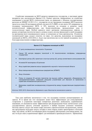Содействие инновациям на МСП является приоритетом государства, в настоящее время
внедряется ряд инструментов (Врезка 2.12). Однако средства, направляемые на содействие
инновациям в секторе МСП, относительно малы, по сравнению с объемом государственных
расходов на НИОКР. В 2011-13 гг. государство на все программы поддержки МСП выделило
средств на сумму 60 миллиардов рублей, или всего 0,1% ВВП, из них около 10% направлено на
поддержку инновационных МСП, и 10% выделено на создание и развитие такой
вспомогательной инфраструктуры, как бизнес-инкубаторы, промышленные зоны и
технологические парки. Особую важность имеет программа «инновационных лифтов», в
рамках которой ряд институтов вместе должны создать систему финансовой и иной поддержки
на протяжении всего инновационного цикла: от концепции до этапа производства. В качестве
положительной меры следует отметить тот факт, что средства, выделяемые на поддержку
инноваций на МСП, в 2014-2016 гг. будут еще увеличены как за счет прямой поддержки, так и
благодаря инвестициям в инфраструктуру.
Врезка 2.12. Поддержка инноваций на МСП



31 центр инновационных технологий в 19 регионах



Свыше 100 центров передачи технологий и 34 технологические платформы, утвержденные
государством



Кластерные центры (25), проектные и опытные центры (6), центры коллективного использования (30)



Не менее 80 технопарков в 35 регионах



Фонд содействия развитию малых предприятий в научной и технологической области



Фонд помощи малым инновационным предприятиям (ФПМИП)



Фонд «Сколково»



Планы по созданию 55 центров творчества при высших учебных заведениях, оборудованных 3-D
сканнерами/принтерами, лазерными режущими устройствами для обучения их применению и
содействия инновационной деятельности.



Механизмы содействия инновационному сотрудничеству между государственными предприятиями и
МСП

Источник: OEDC (2013), Министерство образования и науки, Министерство экономического развития.

Еще одна проблема заключается в том, что поддержка излишне сконцентрирована на
грантах. В то время как этот инструмент может быть эффективным для стимулирования
«стартапов» и устранения некоторых конкретных рыночных дисбалансов, сдерживающих
инновации, он оказывается менее эффективным при распределении более значительных сумм
государственных средств, учитывая трудности в выборе будущих успешных компаний.
Поэтому гранты следует как можно шире дополнять горизонтальными инструментами, такими
как продуманные налоговые зачеты, которые в свою очередь можно ориентировать в большей
мере, чем сейчас, на МСП, во избежание риска поддержки действующих участников рынка, так
как это будет иметь ограниченный эффект для инноваций и производительности. Применению
149

 
