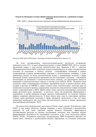 Рисунок 23. Инновации в секторе обрабатывающей промышленности, с разбивкой по видам
компаний
2006 – 2008 гг., процентная доля всех компаний в секторе обрабатывающей промышленности
%
80

Только маркетинговые или организационные инновации
Товарные, процессные и маркетинговые или организационные инновации
Только товарные или процессные инновации

%
80

60

60

40

40

20

20

0

0

Источник: OECD (2013), OECD Science, Technology and Industry Scoreboard 2013, рисунок 5.1.2.

На долю государственных научно-исследовательских институтов по-прежнему
приходится почти 75% от всего объема реализуемых в стране НИОКР (HSE, 2013), а частные
организации играют в этом секторе незначительную роль. Принятая в 2011 г. стратегия
«Инновационная Россия-2020» в большей степени концентрируется на мерах государственной
политики по отношению к бизнесу, включая
стимулирование инноваций в рамках
госпредприятий, создание инновационных кластеров и технологических платформ, а также
привлечение бизнеса на более систематической основе к планированию политики в сфере
инноваций. Однако существующие программы все еще выказывают тенденцию к чрезмерной
концентрации на инновациях в высокотехнологичных отраслях, что противоречит важности
инноваций в низкотехнологичных отраслях и секторе услуг (OECD, 2012b) . Подобного рода
тенденция ставит в невыигрышное положение предприятия малого и среднего бизнеса, вклад
которых в расходы на НИОКР в стране остается очень незначительным, несмотря даже на
инициативы последнего времени, направленные на развитие сотрудничества в сфере инноваций
между госпредприятиями и МСП. Крайне важно также тщательно анализировать спускаемые
сверху различного рода программы, - в частности, такие, как инициатива «Принуждение к
инновациям», в центре внимания которой крупные госпредприятия, что позволит избежать
эффекта лакировки действительности. В более общем виде, одна из структурных проблем,
стоящих перед российской политикой в сфере инноваций, заключается в том, что новые
инициативы выдвигаются при отсутствии систематического анализа и оценки предыдущих
действий (Kuzyk and Simachev, 2012)
По результатам академической деятельности Россия также уступает большинству стран
ОЭСР: в этом можно убедиться, сравнив, например, к число публикаций в академических
журналах. В этой связи серьезной задачей является повышение эффективности
государственных расходов на научные исследования, поскольку пока огромные объемы
финансирования выделяются без надлежащей отчетности и без учета результатов работы
(OECD, 2012b). Оставшиеся отраслевые государственные НИИ по-прежнему работают без
всякой связи с бизнесом и организациями высшего образования; эту ситуацию необходимо
49

 
