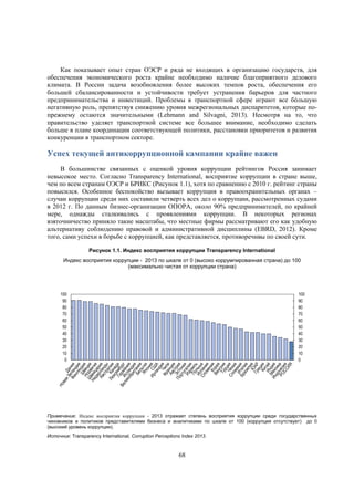 Как показывает опыт стран ОЭСР и ряда не входящих в организацию государств, для
обеспечения экономического роста крайне необходимо наличие благоприятного делового
климата. В России задача возобновления более высоких темпов роста, обеспечения его
большей сбалансированности и устойчивости требует устранения барьеров для частного
предпринимательства и инвестиций. Проблемы в транспортной сфере играют все бóльшую
негативную роль, препятствуя снижению уровня межрегиональных диспаритетов, которые попрежнему остаются значительными (Lehmann and Silvagni, 2013). Несмотря на то, что
правительство уделяет транспортной системе все большее внимание, необходимо сделать
больше в плане координации соответствующей политики, расстановки приоритетов и развития
конкуренции в транспортном секторе.

Успех текущей антикоррупционной кампании крайне важен
В большинстве связанных с оценкой уровня коррупции рейтингов Россия занимает
невысокое место. Согласно Transparency International, восприятие коррупции в стране выше,
чем по всем странам ОЭСР и БРИКС (Рисунок 1.1), хотя по сравнению с 2010 г. рейтинг страны
повысился. Особенное беспокойство вызывает коррупция в правоохранительных органах –
случаи коррупции среди них составили четверть всех дел о коррупции, рассмотренных судами
в 2012 г. По данным бизнес-организации ОПОРА, около 90% предпринимателей, по крайней
мере, однажды сталкивались с проявлениями коррупции. В некоторых регионах
взяточничество приняло такие масштабы, что местные фирмы рассматривают его как удобную
альтернативу соблюдению правовой и административной дисциплины (EBRD, 2012). Кроме
того, сами успехи в борьбе с коррупцией, как представляется, противоречивы по своей сути.
Рисунок 1.1. Индекс восприятия коррупции Transparency International
Индекс восприятия коррупции - 2013 по шкале от 0 (высоко коррумпированная страна) до 100
(максимально чистая от коррупции страна)

100
90
80
70
60
50
40
30
20
10
0

100
90
80
70
60
50
40
30
20
10
0

Примечание: Индекс восприятия коррупции - 2013 отражает степень восприятия коррупции среди государственных
чиновников и политиков представителями бизнеса и аналитиками по шкале от 100 (коррупция отсутствует) до 0
(высокий уровень коррупции).
Источник: Transparency International, Corruption Perceptions Index 2013.

68

 