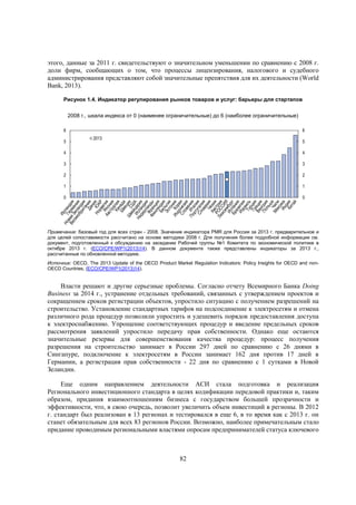 этого, данные за 2011 г. свидетельствуют о значительном уменьшении по сравнению с 2008 г.
доли фирм, сообщающих о том, что процессы лицензирования, налогового и судебного
администрирования представляют собой значительные препятствия для их деятельности (World
Bank, 2013).
Рисунок 1.4. Индикатор регулирования рынков товаров и услуг: барьеры для стартапов
2008 г., шкала индекса от 0 (наименее ограничительные) до 6 (наиболее ограничительные)
6
5

6
2013

5

4

4

3

3

2

2

1

1

0

0

Примечание: базовый год для всех стран - 2008. Значение индикатора PMR для России за 2013 г. предварительное и
для целей сопоставимости рассчитано на основе методики 2008 г. Для получения более подробной информации см.
документ, подготовленный к обсуждению на заседании Рабочей группы №1 Комитета по экономической политике в
октябре 2013 г. (ECO/CPE/WP1(2013)14). В данном документе также представлены индикаторы за 2013 г.,
рассчитанные по обновленной методике.
Источник: OECD, The 2013 Update of the OECD Product Market Regulation Indicators: Policy Insights for OECD and nonOECD Countries, (ECO/CPE/WP1(2013)14).

Власти решают и другие серьезные проблемы. Согласно отчету Всемирного Банка Doing
Business за 2014 г., устранение отдельных требований, связанных с утверждением проектов и
сокращением сроков регистрации объектов, упростило ситуацию с получением разрешений на
строительство. Установление стандартных тарифов на подсоединение к электросетям и отмена
различного рода процедур позволили упростить и удешевить порядок предоставления доступа
к электроснабжению. Упрощение соответствующих процедур и введение предельных сроков
рассмотрения заявлений упростило передачу прав собственности. Однако еще остаются
значительные резервы для совершенствования качества процедур: процесс получения
разрешения на строительство занимает в России 297 дней по сравнению с 26 днями в
Сингапуре, подключение к электросетям в России занимает 162 дня против 17 дней в
Германии, а регистрация прав собственности - 22 дня по сравнению с 1 сутками в Новой
Зеландии.
Еще одним направлением деятельности АСИ стала подготовка и реализация
Регионального инвестиционного стандарта в целях кодификации передовой практики и, таким
образом, придания взаимоотношениям бизнеса с государством большей прозрачности и
эффективности, что, в свою очередь, позволит увеличить объем инвестиций в регионы. В 2012
г. стандарт был реализован в 13 регионах и тестировался в еще 6, в то время как с 2013 г. он
станет обязательным для всех 83 регионов России. Возможно, наиболее примечательным стало
придание проводимым региональными властями опросам предпринимателей статуса ключевого

82

 