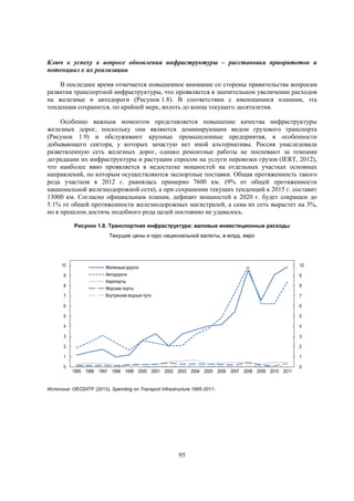 Ключ к успеху в вопросе обновления инфраструктуры – расстановка приоритетов и
потенциал к их реализации
В последнее время отмечается повышенное внимание со стороны правительства вопросам
развития транспортной инфраструктуры, что проявляется в значительном увеличении расходов
на железные и автодороги (Рисунок 1.8). В соответствии с имеющимися планами, эта
тенденция сохранится, по крайней мере, вплоть до конца текущего десятилетия.
Особенно важным моментом представляется повышение качества инфраструктуры
железных дорог, поскольку они являются доминирующим видом грузового транспорта
(Рисунок 1.9) и обслуживают крупные промышленные предприятия, в особенности
добывающего сектора, у которых зачастую нет иной альтернативы. Россия унаследовала
разветвленную сеть железных дорог, однако ремонтные работы не поспевают за темпами
деградации их инфраструктуры и растущим спросом на услуги перевозки грузов (IERT, 2012),
что наиболее явно проявляется в недостатке мощностей на отдельных участках основных
направлений, по которым осуществляются экспортные поставки. Общая протяженность такого
рода участков в 2012 г. равнялась примерно 7600 км. (9% от общей протяженности
национальной железнодорожной сети), а при сохранении текущих тенденций к 2015 г. составит
13000 км. Согласно официальным планам, дефицит мощностей к 2020 г. будет сокращен до
5.1% от общей протяженности железнодорожных магистралей, а сама их сеть вырастет на 3%,
но в прошлом достичь подобного рода целей постоянно не удавалось.
Рисунок 1.8. Транспортная инфраструктура: валовые инвестиционные расходы
Текущие цены и курс национальной валюты, в млрд. евро

10
9
8
7

10

Железные дороги
Автодороги
Аэропорты
Морские порты
Внутренние водные пути

9
8
7

6

6

5

5

4

4

3

3

2

2

1

1

0

1995 1996 1997 1998 1999 2000 2001 2002 2003 2004 2005 2006 2007 2008 2009 2010 2011

Источник: OECD/ITF (2013), Spending on Transport Infrastructure 1995-2011.

95

0

 