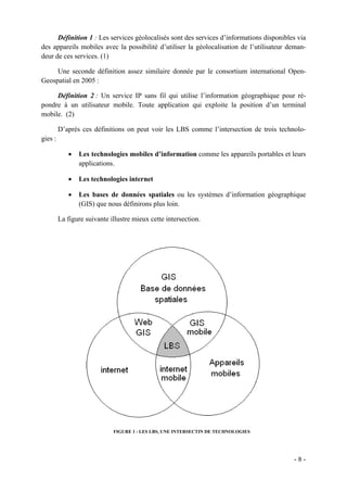 Définition 1 : Les services géolocalisés sont des services d’informations disponibles via
des appareils mobiles avec la possibilité d’utiliser la géolocalisation de l’utilisateur deman-
deur de ces services. (1)

     Une seconde définition assez similaire donnée par le consortium international Open-
Geospatial en 2005 :

     Définition 2 : Un service IP sans fil qui utilise l’information géographique pour ré-
pondre à un utilisateur mobile. Toute application qui exploite la position d’un terminal
mobile. (2)

         D’après ces définitions on peut voir les LBS comme l’intersection de trois technolo-
gies :

            •   Les technologies mobiles d’information comme les appareils portables et leurs
                applications.

            •   Les technologies internet

            •   Les bases de données spatiales ou les systèmes d’information géographique
                (GIS) que nous définirons plus loin.

         La figure suivante illustre mieux cette intersection.




                             FIGURE 1 - LES LBS, UNE INTERSECTIN DE TECHNOLOGIES




                                                                                          -8-
 