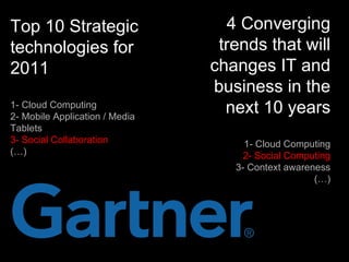 Top 10 Strategic technologies for 2011 1- Cloud Computing 2- Mobile Application / Media Tablets 3- Social Collaboration (…) 4 Converging trends that will changes IT and business in the next 10 years 1- Cloud Computing 2- Social Computing 3- Context awareness (…) 