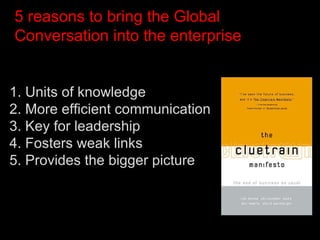 1. Units of knowledge 2. More efficient communication 3. Key for leadership 4. Fosters weak links 5. Provides the bigger picture  5 reasons to bring the Global Conversation into the enterprise 