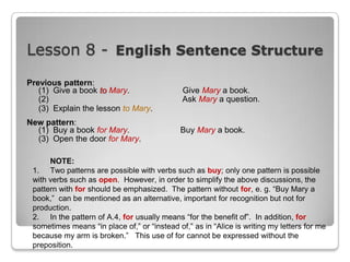 Lesson 8 - English Sentence Structure
Previous pattern:
(1) Give a book to Mary.
(2)
(3) Explain the lesson to Mary.

Give Mary a book.
Ask Mary a question.

New pattern:
(1) Buy a book for Mary.
(3) Open the door for Mary.

Buy Mary a book.

NOTE:
1. Two patterns are possible with verbs such as buy; only one pattern is possible
with verbs such as open. However, in order to simplify the above discussions, the
pattern with for should be emphasized. The pattern without for, e. g. “Buy Mary a
book,” can be mentioned as an alternative, important for recognition but not for
production.
2. In the pattern of A.4, for usually means “for the benefit of”. In addition, for
sometimes means “in place of,” or “instead of,” as in “Alice is writing my letters for me
because my arm is broken.” This use of for cannot be expressed without the
preposition.

 