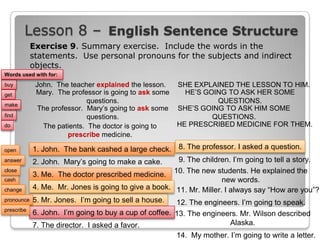 Lesson 8 – English Sentence Structure
Exercise 9. Summary exercise. Include the words in the
statements. Use personal pronouns for the subjects and indirect
objects.
Words used with for:
buy
get
make
find
do

open
answer

close
cash
change
pronounce
prescribe

John. The teacher explained the lesson.
Mary. The professor is going to ask some
questions.
The professor. Mary‟s going to ask some
questions.
The patients. The doctor is going to
prescribe medicine.

SHE EXPLAINED THE LESSON TO HIM.
HE‟S GOING TO ASK HER SOME
QUESTIONS.
SHE‟S GOING TO ASK HIM SOME
QUESTIONS.
HE PRESCRIBED MEDICINE FOR THEM.

1. John. The bank cashed a large check. 8. The professor. I asked a question.
9. The children. I‟m going to tell a story.
2. John. Mary‟s going to make a cake.
3. Me. The doctor prescribed medicine. 10. The new students. He explained the
new words.
4. Me. Mr. Jones is going to give a book. 11. Mr. Miller. I always say “How are you”?
5. Mr. Jones. I‟m going to sell a house.
12. The engineers. I‟m going to speak.
6. John. I‟m going to buy a cup of coffee. 13. The engineers. Mr. Wilson described
Alaska.
7. The director. I asked a favor.
14. My mother. I‟m going to write a letter.

 
