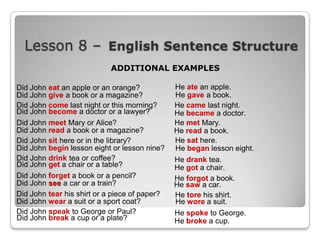 Lesson 8 – English Sentence Structure
ADDITIONAL EXAMPLES
Did John eat an apple or an orange?
Did John give a book or a magazine?
Did John come last night or this morning?
Did John become a doctor or a lawyer?
Did John meet Mary or Alice?
Did John read a book or a magazine?
Did John sit here or in the library?
Did John begin lesson eight or lesson nine?
Did John drink tea or coffee?
Did John get a chair or a table?
Did John forget a book or a pencil?
Did John see a car or a train?
Did John tear his shirt or a piece of paper?
Did John wear a suit or a sport coat?
Did John speak to George or Paul?
Did John break a cup or a plate?

He ate an apple.
He gave a book.
He came last night.
He became a doctor.
He met Mary.
He read a book.
He sat here.
He began lesson eight.
He drank tea.
He got a chair.
He forgot a book.
He saw a car.
He tore his shirt.
He wore a suit.
He spoke to George.
He broke a cup.

 