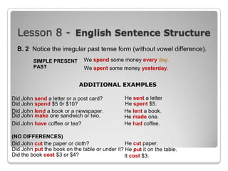 Lesson 8 - English Sentence Structure
B. 2 Notice the irregular past tense form (without vowel difference).
SIMPLE PRESENT
PAST

We spend some money every day.
We spent some money yesterday.

ADDITIONAL EXAMPLES
Did John send a letter or a post card?
Did John spend $5 0r $10?
Did John lend a book or a newspaper.
Did John make one sandwich or two.
Did John have coffee or tea?

He sent a letter
He spent $5.
He lent a book.
He made one.
He had coffee.

(NO DIFFERENCES)
He cut paper.
Did John cut the paper or cloth?
Did John put the book on the table or under it? He put it on the table.
Did the book cost $3 or $4?
It cost $3.

 