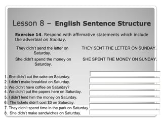 Lesson 8 – English Sentence Structure
Exercise 14. Respond with affirmative statements which include
the adverbial on Sunday.
They didn‟t send the letter on
Saturday.

THEY SENT THE LETTER ON SUNDAY.

She didn‟t spend the money on
Saturday.

SHE SPENT THE MONEY ON SUNDAY.

1. She didn‟t cut the cake on Saturday.
2. I didn‟t make breakfast on Saturday.
3. We didn‟t have coffee on Saturday?
4. We didn‟t put the papers here on Saturday.
5. I didn‟t lend him the money on Saturday.
6. The tickets didn‟t cost $3 on Saturday.
7. They didn‟t spend time in the park on Saturday.
8. She didn‟t make sandwiches on Saturday.

 