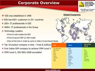 Corporate Overview
                                                                                                     A SEI CMM Level 5 Company
                                                                                                       ISO 9001 2008 Certified




   ESS was established in 1990
                                                                                  Global Footprints

 ESS has 650+ customers in 25+ countries
 200+ IT professionals in ESS
 4000+ IT professionals in the Group
 Technology Leaders
     First to web enable the ERP
     First to launch ERP on ASP model
     One of the first in India to work on Web 2.0 and Social Media

 Top 10 product company in Asia – Frost & Sullivan          Asia                     Africa
                                                                                                           Rest of the
                                                                                                           World
 First Indian ERP company to achieve CMM Level 5            India, Noida (HQ )       Kenya
                                                             Saudi Arabia             Uganda               USA

 CMM Level 5, ISO 9001:2008 accredited
                                                             UAE                      Tanzania             France
                                                             Oman                     Ethiopia             Sweden
                                                             Qatar                    DRC                  Mexico
                                                             Kuwait                   Botswana             Colombia
                                                             Indonesia                South Africa         Peru
                                                             China                    Namibia              El Salvador
                                                             Japan                    Ghana                Gauetamala
                                                                                      Nigeria
                                                                                      Ivory Coast
                                                                                      Libya



                                                   www.essindia.com
 