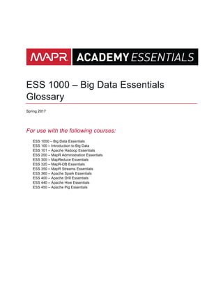 ESS 1000 – Big Data Essentials
Glossary
Spring 2017
For use with the following courses:
ESS 1000 – Big Data Essentials
ESS 100 – Introduction to Big Data
ESS 101 – Apache Hadoop Essentials
ESS 200 – MapR Administration Essentials
ESS 300 – MapReduce Essentials
ESS 320 – MapR-DB Essentials
ESS 350 – MapR Streams Essentials
ESS 360 – Apache Spark Essentials
ESS 400 – Apache Drill Essentials
ESS 440 – Apache Hive Essentials
ESS 450 – Apache Pig Essentials
 