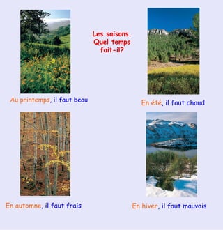 Les saisons. Quel temps fait-il? Au printemps , il faut beau En été , il faut chaud En automne , il faut frais En hiver , il faut mauvais 