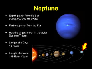 Neptune
● Eighth planet from the Sun
  (4,505,000,000 km away)

● Farthest planet from the Sun

● Has the largest moon in the Solar
  System (Triton)

● Length of a Day:
  16 hours

● Length of a Year:
  165 Earth Years
 