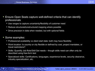 Basic Matching: Create and Leverage Data Similarities Ensure Open Seats capture well-defined criteria that can identify professionals Use ranges to capture uncertainty/flexibility of customer need Reduce structured/unstructured mapping where possible Drive precision in data when needed, but with optional fields Some examples: Professional availability vs client start date: both may have flexibility Work location: Is country or city flexible or defined by cost, project mandates, or travel restrictions? Skills: Quantify Job Role/Skill Set needs – though skills need can often only be described using free-form text Specialized skills: Certifications, languages, experience levels, security clearance, industry specialization, etc. 