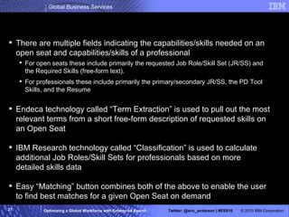 Advanced Matching 1: Capability-based Mapping There are multiple fields indicating the capabilities/skills needed on an open seat and capabilities/skills of a professional For open seats these include primarily the requested Job Role/Skill Set (JR/SS) and the Required Skills (free-form text). For professionals these include primarily the primary/secondary JR/SS, the PD Tool Skills, and the Resume Endeca technology called “Term Extraction” is used to pull out the most relevant terms from a short free-form description of requested skills on an Open Seat IBM Research technology called “Classification” is used to calculate additional Job Roles/Skill Sets for professionals based on more detailed skills data Easy “Matching” button combines both of the above to enable the user to find best matches for a given Open Seat on demand 