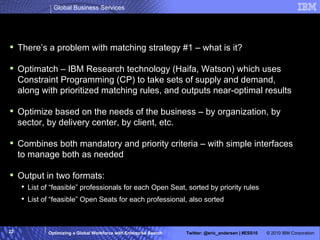 Advanced Matching 2: “Optimatch” There’s a problem with matching strategy #1 – what is it? Optimatch – IBM Research technology (Haifa, Watson) which uses Constraint Programming (CP) to take sets of supply and demand, along with prioritized matching rules, and outputs near-optimal results Optimize based on the needs of the business – by organization, by sector, by delivery center, by client, etc. Combines both mandatory and priority criteria – with simple interfaces to manage both as needed Output in two formats: List of “feasible” professionals for each Open Seat, sorted by priority rules List of “feasible” Open Seats for each professional, also sorted 