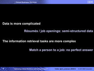 Data is more complicated The information retrieval tasks are more complex Résumés / job openings: semi-structured data Match a person to a job: no perfect answer 