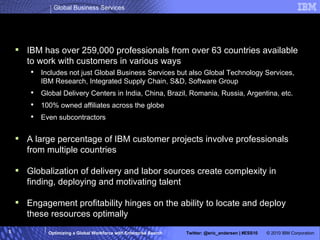 Workforce Supply and Demand Globalization IBM has over 259,000 professionals from over 63 countries available to work with customers in various ways Includes not just Global Business Services but also Global Technology Services, IBM Research, Integrated Supply Chain, S&D, Software Group Global Delivery Centers in India, China, Brazil, Romania, Russia, Argentina, etc. 100% owned affiliates across the globe Even subcontractors A large percentage of IBM customer projects involve professionals from multiple countries Globalization of delivery and labor sources create complexity in finding, deploying and motivating talent Engagement profitability hinges on the ability to locate and deploy these resources optimally 