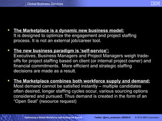 What is IBM Professional Marketplace? The Marketplace is a dynamic new business model: It is designed to optimize the engagement and project staffing process. It is not an external job/career tool. The new business paradigm is ‘self-service’: Executives, Business Managers and Project Managers weigh trade-offs for project staffing based on client (or internal project owner) and financial commitments.  More efficient and strategic staffing decisions are made as a result. The Marketplace combines both workforce supply and demand: Most demand cannot be satisfied instantly – multiple candidates often desired, longer staffing cycles occur, various sourcing options considered and pursued. Thus demand is created in the form of an “Open Seat” (resource request) 