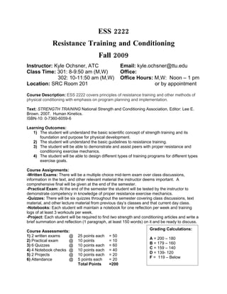 ESS 2222
              Resistance Training and Conditioning
                                      Spring 2010
Instructor: Kyle Ochsner, ATC         Email: kyle.ochsner@ttu.edu
Class Time: 301: 8-9:50 am (M,W)      Office:
             302: 10-11:50 am (M,W) Office Hours: By appointment
Location: SRC Room 201
Class website: www.slideshare.net/ttuess2222

Course Description: ESS 2222 covers principles of resistance training and other methods of
physical conditioning with emphasis on program planning and implementation.

Text: STRENGTH TRAINING National Strength and Conditioning Association, Editor: Lee E.
Brown. 2007. Human Kinetics.
ISBN-10: 0-7360-6059-6

Learning Outcomes:
   1) The student will understand the basic scientific concept of strength training and its
      foundation and purpose for physical development.
   2) The student will understand the basic guidelines to resistance training.
   3) The student will be able to demonstrate and assist peers with proper resistance and
      conditioning exercise mechanics.
   4) The student will be able to design different types of training programs for different types
      exercise goals.

Course Assignments:
-Written Exams: There will be a mid-term exam over class discussions, information in the text,
and other relevant material the instructor deems important. A comprehensive final will be given
at the end of the semester.
-Practical Exam: At the end of the semester the student will be tested by the instructor to
demonstrate competency in knowledge of proper resistance exercise mechanics.
-Quizzes: There will be six quizzes throughout the semester covering class discussions, text
material, and other lecture material from previous day’s classes and that current day class.
-Notebooks: Each student will maintain a notebook for one reflection per week and training
logs of at least 3 workouts per week.
-Project: Each student will be required to find two strength and conditioning articles and write a
brief summation and reflection (1 paragraph, at least 150 words) on it and be ready to discuss.
                                                                      Grading Calculations:
Course Assessments:
1) 2 written exams   @       25 points each   = 50
                                                                      A = 200 – 180
2) Practical exam    @       10 points        = 10
                                                                      B = 179 – 160
3) 6 Quizzes         @       10 points each   = 60
                                                                      C = 159 – 140
4) 4 Notebook checks @       10 points each   = 40
                                                                      D = 139- 120
5) 2 Projects        @       10 points each   = 20
                                                                      F = 119 – Below
 