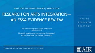 ARTS EDUCATION PARTNERSHIP | MARCH 2018
RESEARCH ON ARTS INTEGRATION—
AN ESSA EVIDENCE REVIEW
PRESENTATION TO ARTS EDUCATION PARTNERSHIP
MARCH 10, 2018
Meredith Ludwig, American Institutes for Research
Rachel Hare Bork, The Wallace Foundation
 