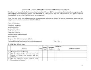 11
Attachment 3: Checklist of Likely Environmental and Social Impacts of Projects
This Form is to be used by the Environmental and Social Focal Persons (ESFPs) in screening subproject applications/proposals for
which EA/SA and ESMP are not required (see Attachment 1). This checklist may need to be customized, and approval obtained
from the Bank for the revised checklist, for any particular project.
Note: One copy of this form and accompanying documentation to be kept in the office of the relevant implementing agency, and one
copy to be sent to the task team leader of the World Bank.
Name of Subproject:
Number of Subproject:
Proposing Agency:
Subproject Location:
Subproject Objective:
Infrastructure to be Rehabilitated:
Estimated Cost:
Proposed Date of Commencement of Work:
Technical Drawing/Specifications Reviewed (circle answer): Yes __ No __
I. Subproject Related Issues
ISSUES None
Minor/
Small
Moderate/
Medium
Significant
/
Large
Mitigation Measures
A. Zoning and Land Use Planning
1. Will the subproject affect land use zoning and
planning or conflict with prevalent land use
patterns?
2. Will the subproject involve significant land
disturbance or site clearance?
 