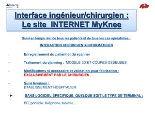 Suivi en temps réel de tous les patients et de tous les cas opératoires :
INTERACTION CHIRURGIEN ►INFORMATICIEN
- Enregistrement du patient et du scanner
- Traitement du planning : MODELE 3D ET COUPES OSSEUSES
- Modifications si nécessaire et validation pour fabrication :
EXCLUSIVEMENT PAR LE CHIRURGIEN
- Suivi livraison :
ETABLISSEMENT HOSPITALIER
-► SANS LOGICIEL SPECIFIQUE, QUELQUE SOIT LE TYPE DE TERMINAL :
PC, portable, téléphone, tablette,…
Interface ingénieur/chirurgien :
Le site INTERNET MyKnee
 