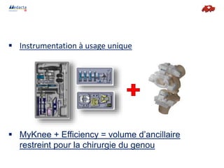  Instrumentation à usage unique
 MyKnee + Efficiency = volume d’ancillaire
restreint pour la chirurgie du genou
 