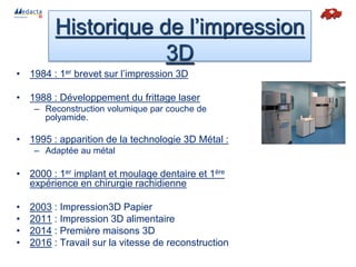 • 1984 : 1er brevet sur l’impression 3D
• 1988 : Développement du frittage laser
– Reconstruction volumique par couche de
polyamide.
• 1995 : apparition de la technologie 3D Métal :
– Adaptée au métal
• 2000 : 1er implant et moulage dentaire et 1ère
expérience en chirurgie rachidienne
• 2003 : Impression3D Papier
• 2011 : Impression 3D alimentaire
• 2014 : Première maisons 3D
• 2016 : Travail sur la vitesse de reconstruction
Historique de l’impression
3D
 