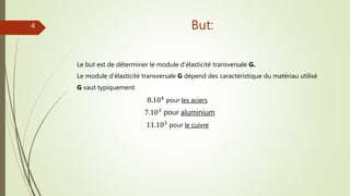But:
Le but est de déterminer le module d’élasticité transversale G.
Le module d’élasticité transversale G dépend des caractéristique du matériau utilisé
G vaut typiquement:
8.104 pour les aciers
7.103 pour aluminium
11.103
pour le cuivre
4
 